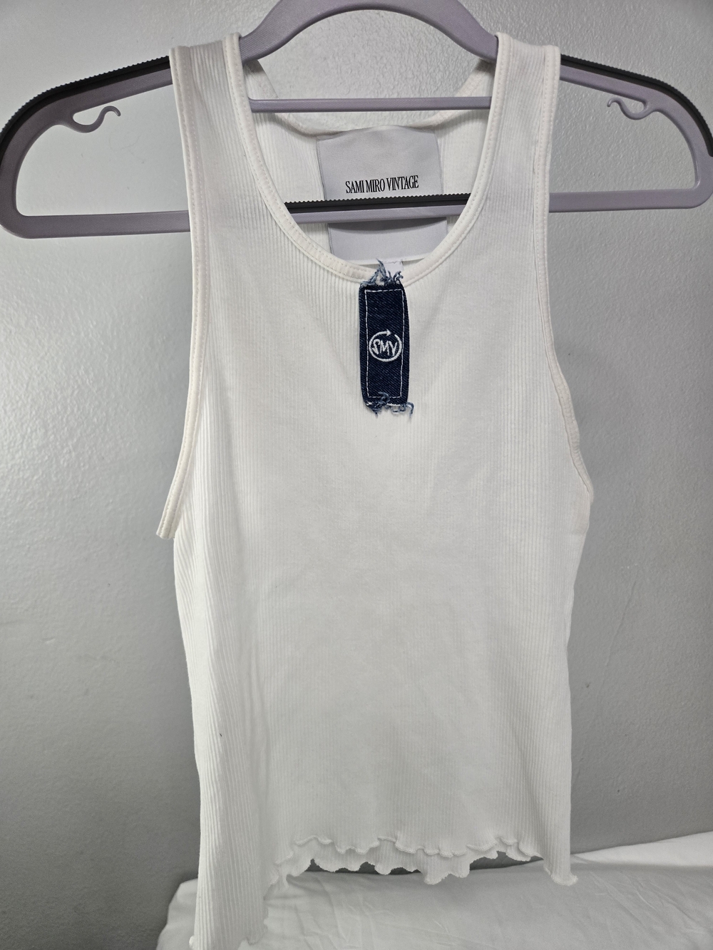 SAMI MIRO VINTAGE Cream Ribbed Tank with Frayed Logo Patch